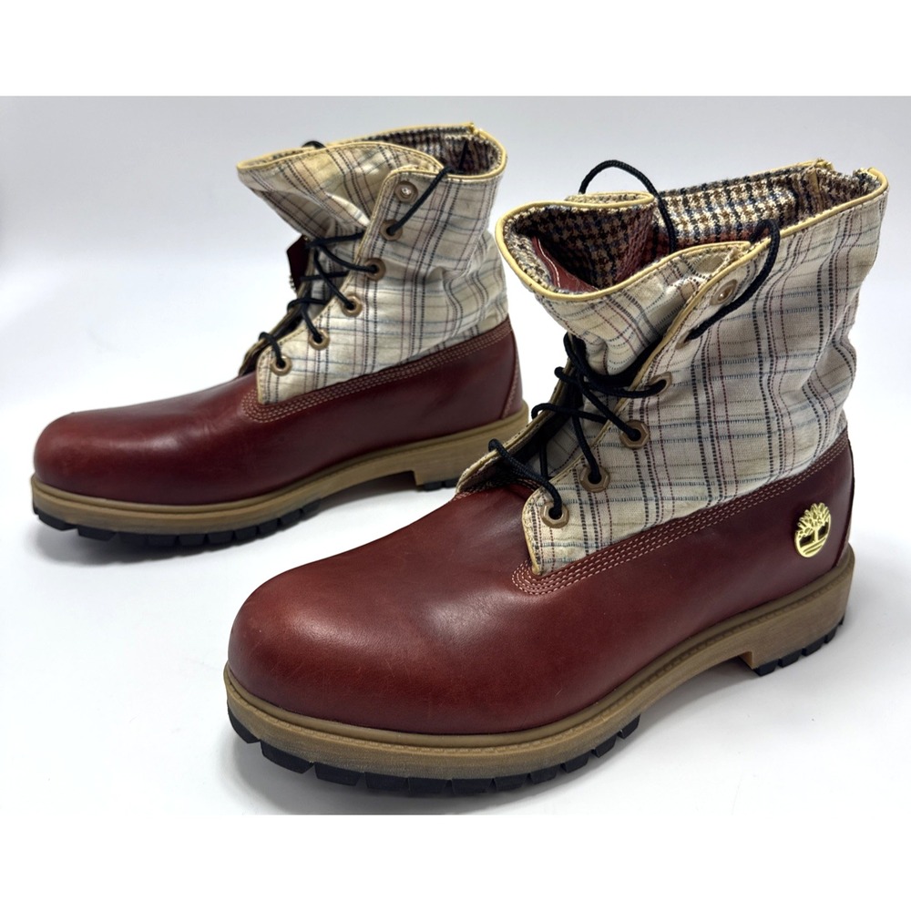 Timberland Roll Top Fold Down Leather Boots Burgundy Red Plaid Mens Size 10 M